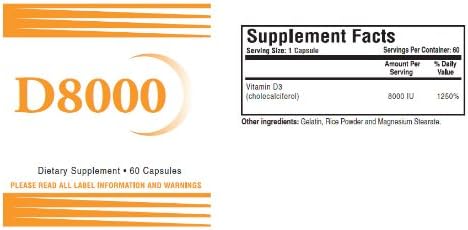 Vitamina D3 de alta potencia 8000 UI 60 Cápsulas 1 Botella