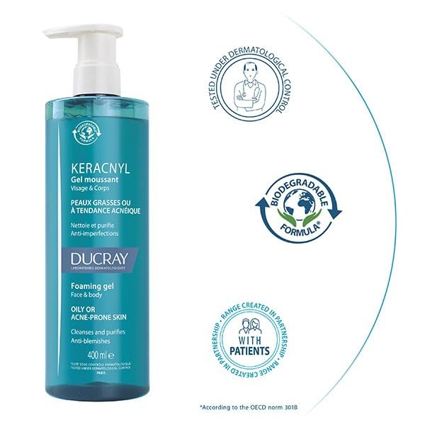 Ducray Gel espumoso Keracnyl 13.5 fl oz Higiene facial y corporal de pieles grasas con tendencia al acné (paquete de 2)