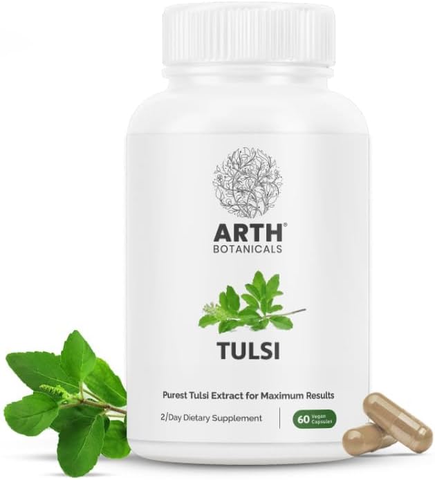 Suplemento de hierbas de albahaca sagrada y tulsi  Extractos de albahaca sagrada para aliviar el estrés, la relajación y el apoyo a la calma  60