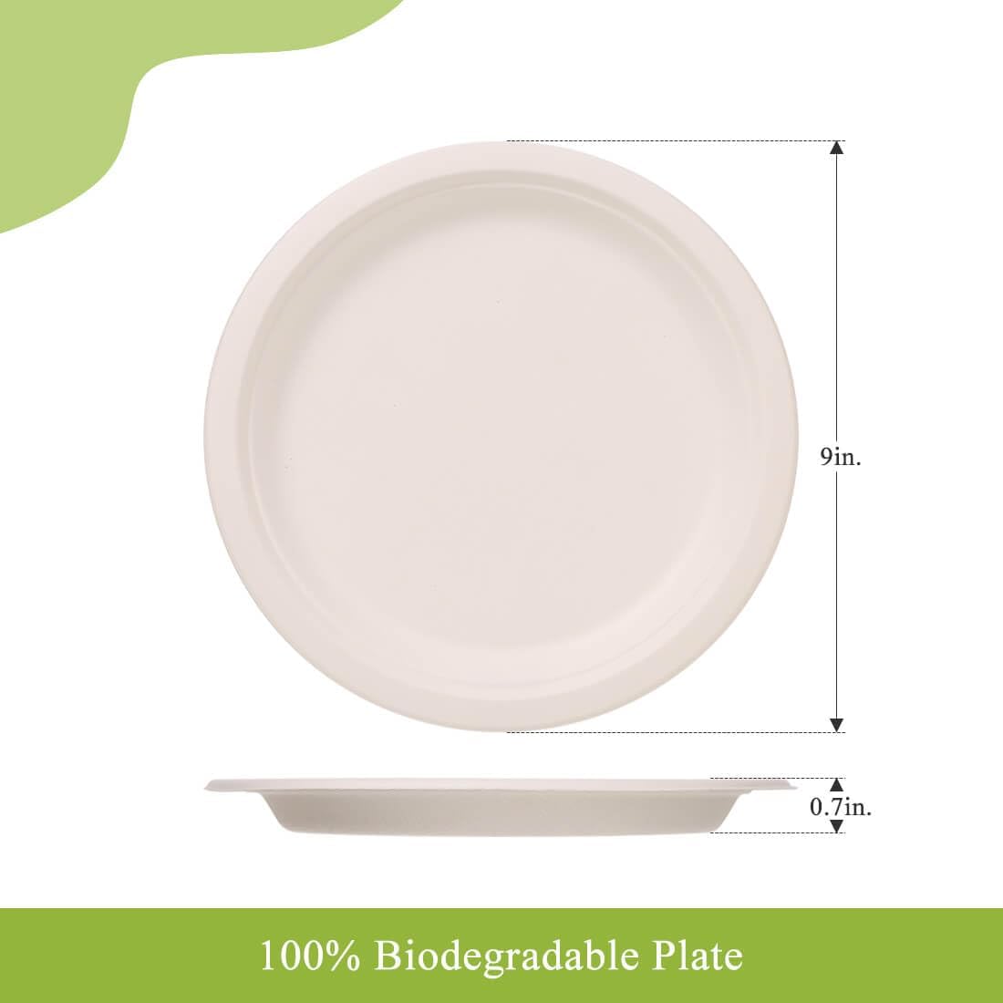 VIOBIO Platos de papel resistentes de 9 pulgadas, paquete de 125 platos de fiesta desechables compostables de bagazo blanco, ecológicos y