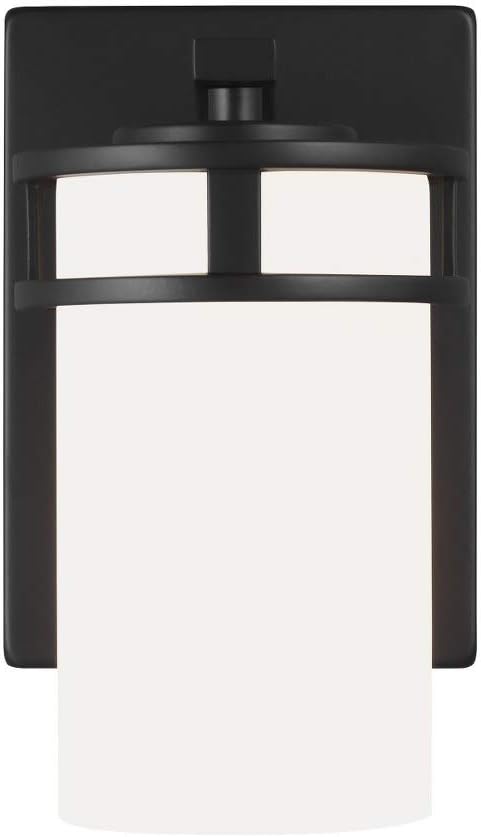 Generation Lighting 4121601-112 Robie – Lámpara de pared cilíndrica de vidrio blanco y grabado, 1 luz de 75 vatios, 8 pulgadas de alto x 5 pulgadas