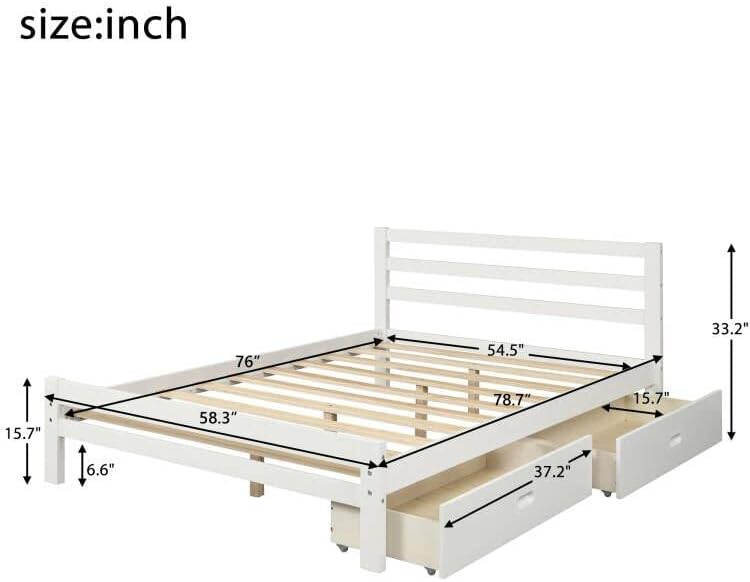 Cama matrimonial con cajones, plataforma de madera con cabecero y estribo, cama capitán blanca de madera para niños, niñas, niños, adolescentes y