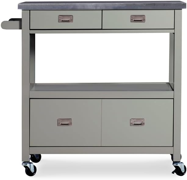 Riverbay Furniture Carrito de isla de cocina de microondas con tapa de acero inoxidable de madera de pino en gris