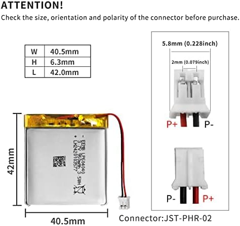 EEMB Batería de polímero de litio 3.7V 950mAh 604040 Lipo Batería recargable con conector JST de cable para altavoz y dispositivo inalámbrico