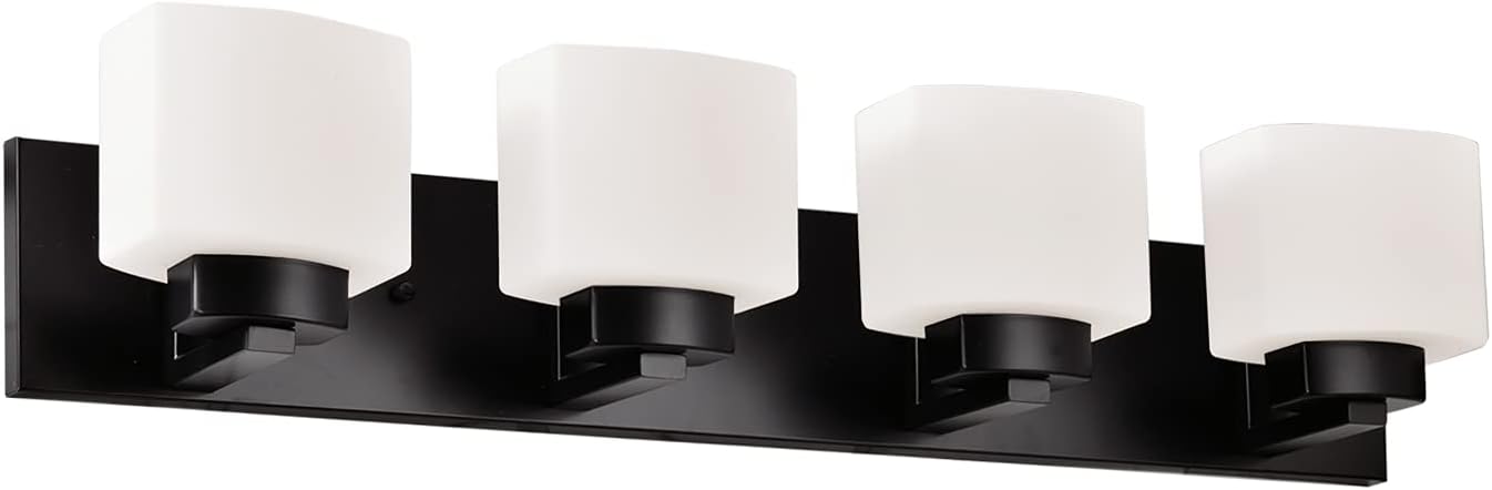 Design House 588426 Dove Creek – Lámpara de tocador regulable con vidrio esmerilado para espejo de baño, negro mate, 4 luces