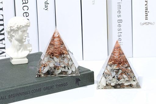 YATOJUZI Cristales de pirámide de orgón de 2.4 pulgadas, cuarzo transparente, piedra lunar, chakras, reiki, piedras preciosas de orgonita, energía