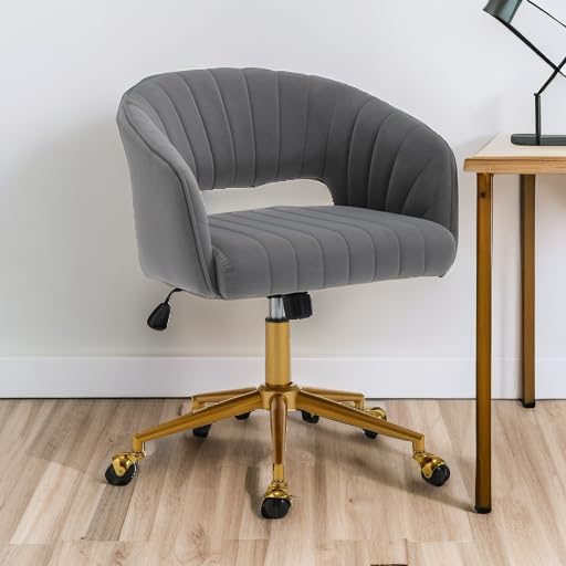 Homedraft Silla de escritorio giratoria para oficina en casa, moderna silla de escritorio de terciopelo, sillón de altura ajustable con base dorada,