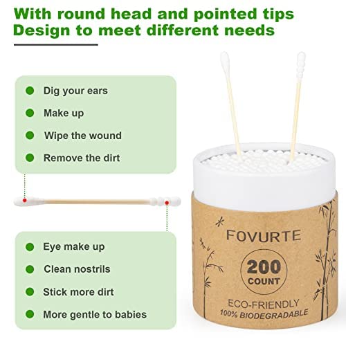 FOVURTE Hisopos de algodón natural, 400 unidades, espiralredondo, hisopo de algodón de bambú de bambú orgánico para limpieza de orejas, niños y bebés