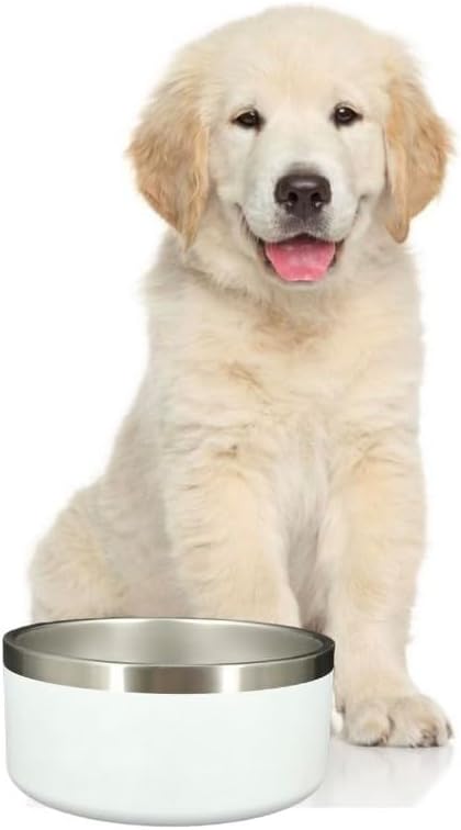 Cuenco blanco para perros de 32 onzas de 4 tazas, tazón de acero inoxidable de doble pared para mascotas, cuenco aislado al vacío, tazón