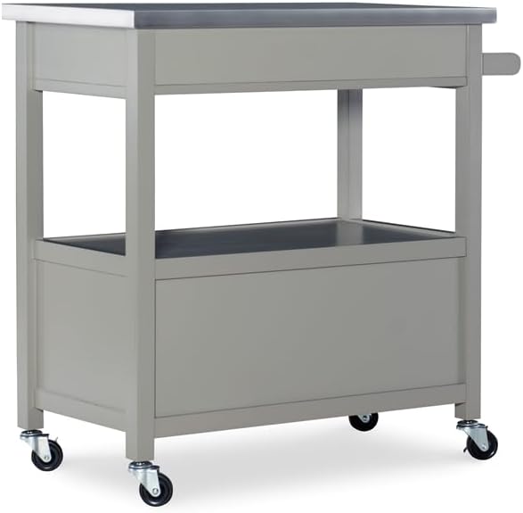 Riverbay Furniture Carrito de isla de cocina de microondas con tapa de acero inoxidable de madera de pino en gris