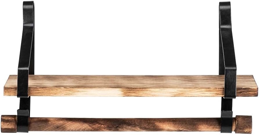 Estantes de pared de madera con toallero, estante de especias de cocina de madera rústica con barra de toalla y 8 ganchos extraíbles para baño,