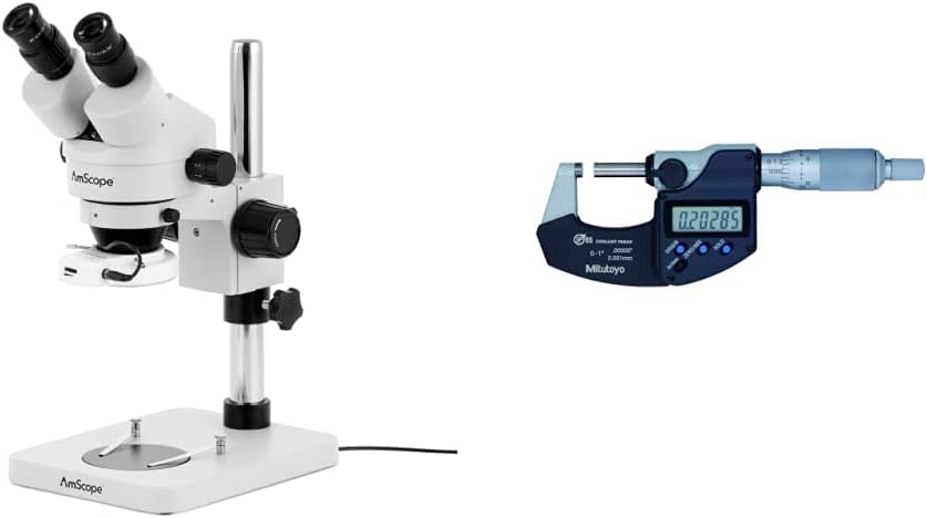 AmScope SM-1BSX-64S Microscopio profesional de zoom estéreo binocular, blanco y micrómetro digital Mitutoyo 293-340-30, pulgadasmétrico, parada de