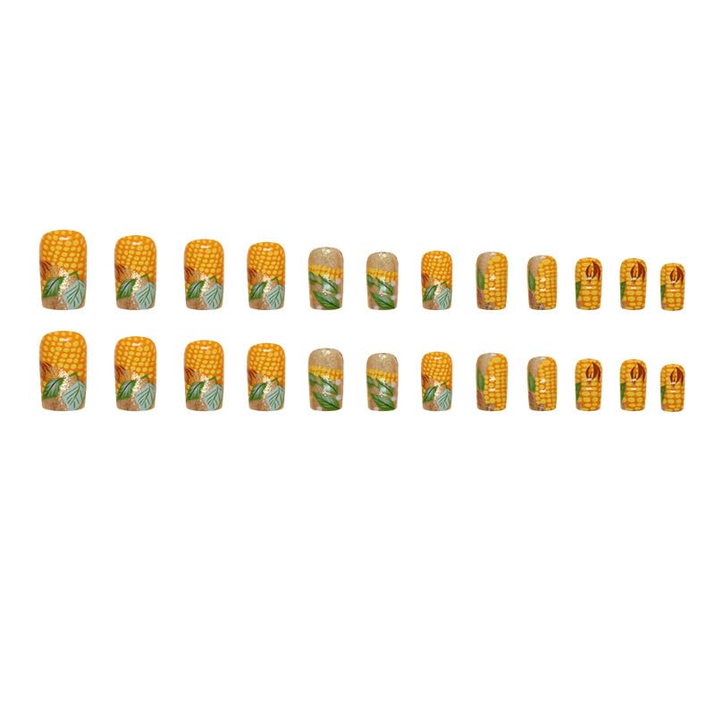 Uñas postizas cuadradas a presión, uñas postizas cortas con purpurina dorada, uñas acrílicas de longitud media con diseño de patrón de maíz, uñas