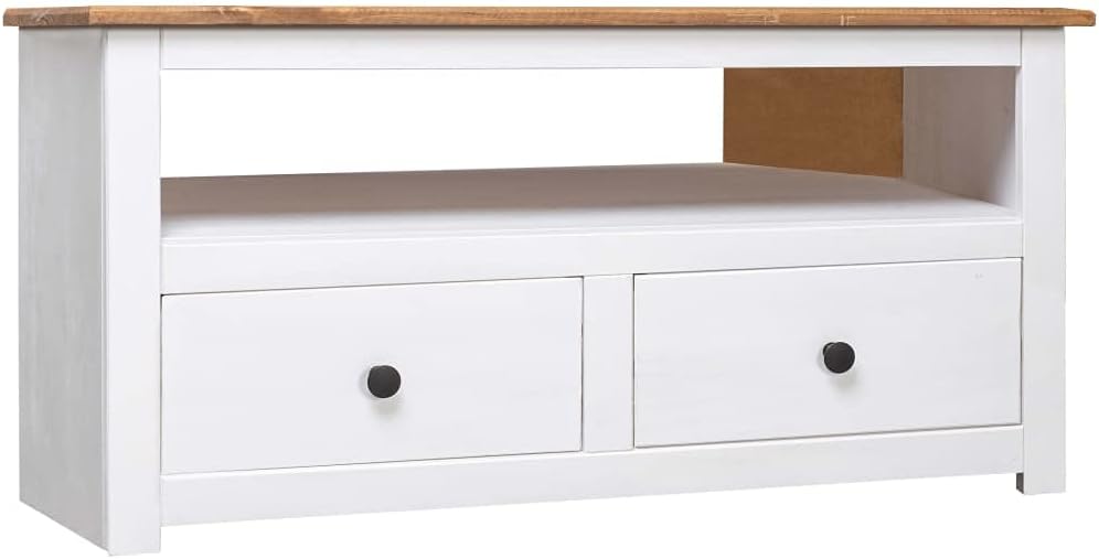 vidaXL Soporte esquinero para TV de madera de pino macizo, estilo escandinavo, color blanco y madera natural, con 2 cajones y compartimento abierto,