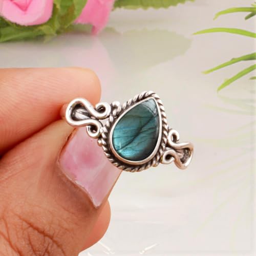Natura Blue Flash Labradorite Gemstone Ring 925 Sterling Silver Handmade Ring For Women Wedding Engagement Gift For Her Tear Drop Solitaire