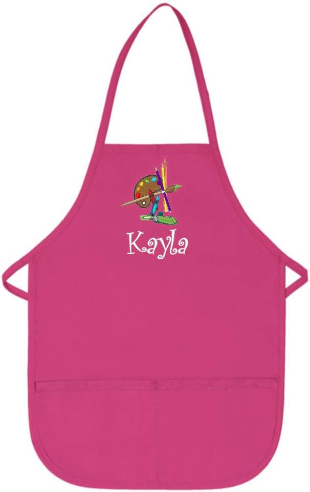 Delantal personalizado de color rosa caliente del arte de los niños con el diseño del bordado de la paleta Poliytela de sarga de algodón regular