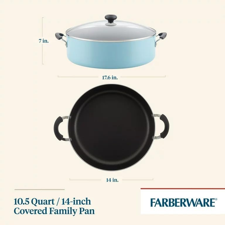 Sartén familiar antiadherente fácil de limpiar de 14 pulgadas, olla jumbo con tapa, aguamarina