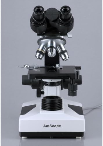 AmScope Microscopio binocular compuesto B490B-LED, oculares WF10x y WF20x, aumento 40X-2000X, Brightfield, iluminación LED, condensador Abbe, etapa