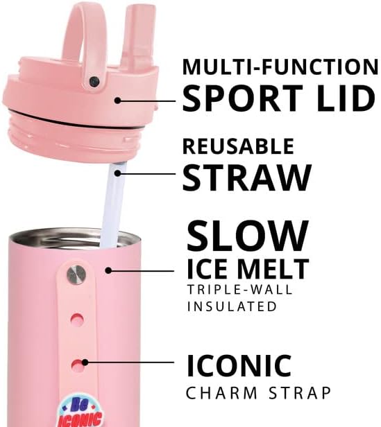 Elemental Iconic – Botella de agua para niños con tapa de popote y correa de dijes, a prueba de fugas cuando está cerrada, botella de agua