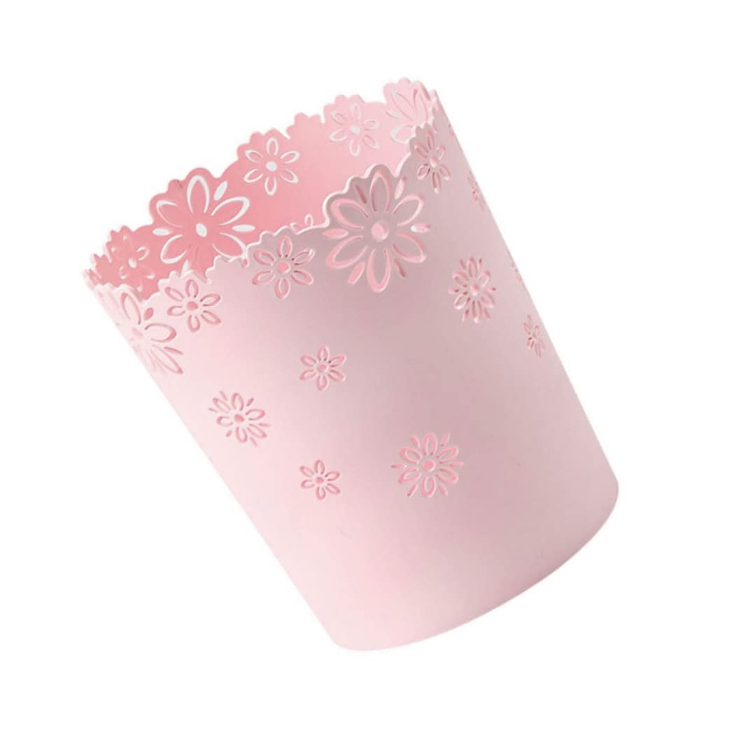 Papelera redonda de color rosa, papelera de basura para dormitorio, cesta de basura de plástico, hueco de plástico, cesta de basura con encaje de