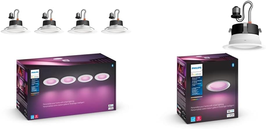 Philips Hue White and Color Ambiance – Focos empotrables inteligentes LED regulables extra brillantes (paquete de 4) y (1 unidad) compatibles con