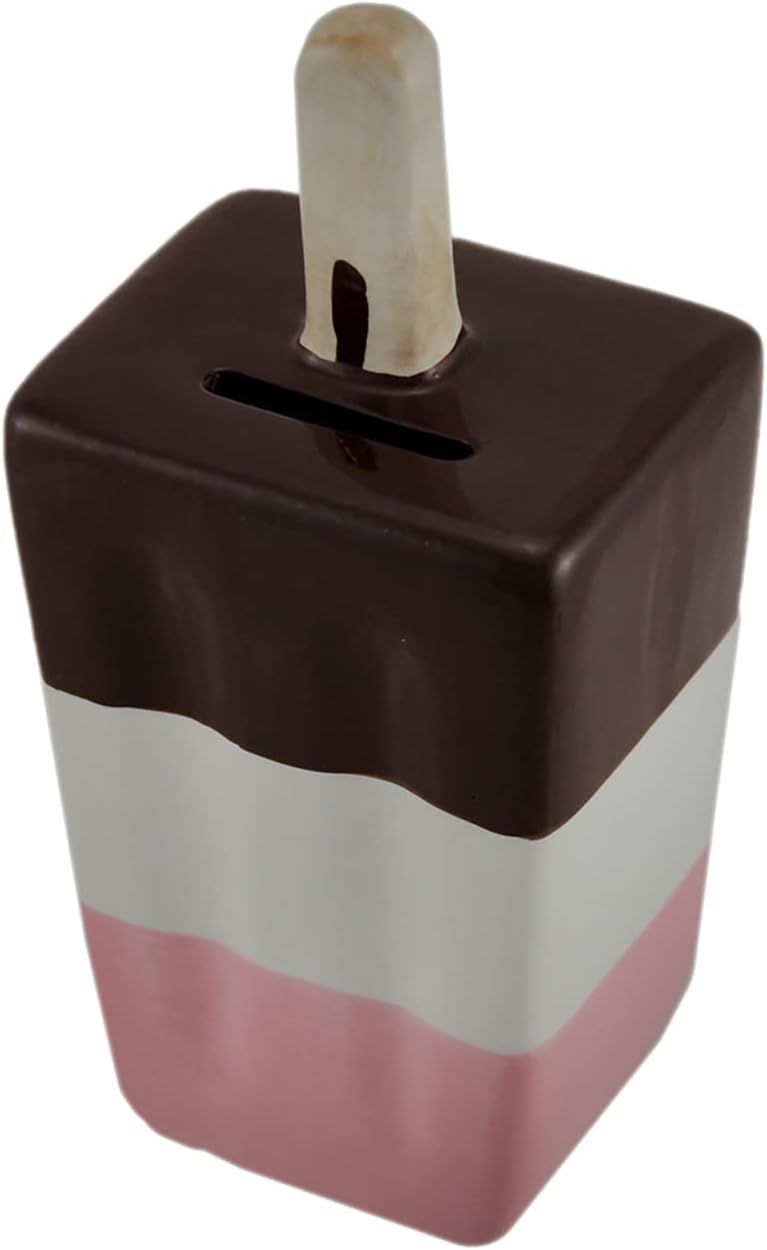 Sweet Savings – Adorable barra de helado napolitana de cerámica rosa, blanca y marrón, alcancía perfecta de 6.5 pulgadas de alto de resina para