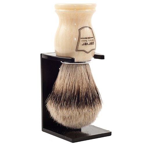 Parker’s – Brocha de afeitar 100% de cerdas de tejón Silvertip – Soporte para cepillo incluido (mango blanco)