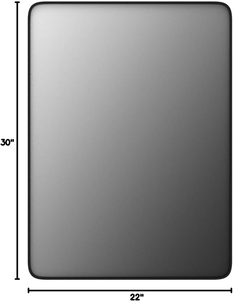 Espejo con marco de metal negro de 22 x 30 pulgadas para baño, espejo de tocador negro mate, espejo de baño rectangular redondeado, antioxidante,