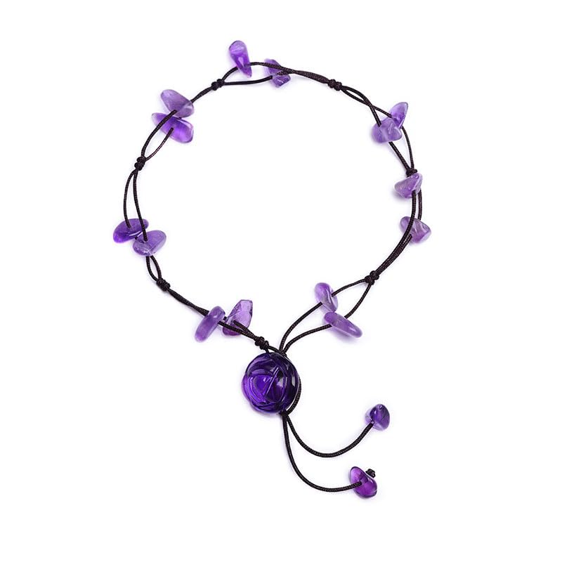 Sofiacreations Handmade Natural Amethyst Anklet, Hand Carved Rose Flower Amethyst Chip Beads Anklet, Healing Protection Balance Women Boho Style