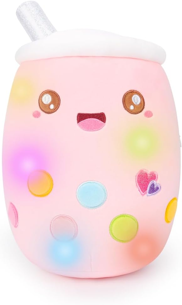 AIXINI Almohada de té con burbujas de peluche con luces LED coloridas y luces nocturnas que brillan súper suave, color rosa, 9.4 pulgadas