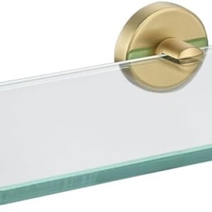 JQK Estante de vidrio para baño dorado, almacenamiento de ducha de vidrio templado de 12 x 5 pulgadas, montaje de pared dorado cepillado de acero JQK Estante de vidrio para baño dorado, almacenamiento de ducha de vidrio templado de 12 x 5 pulgadas, montaje de pared dorado cepillado de acero