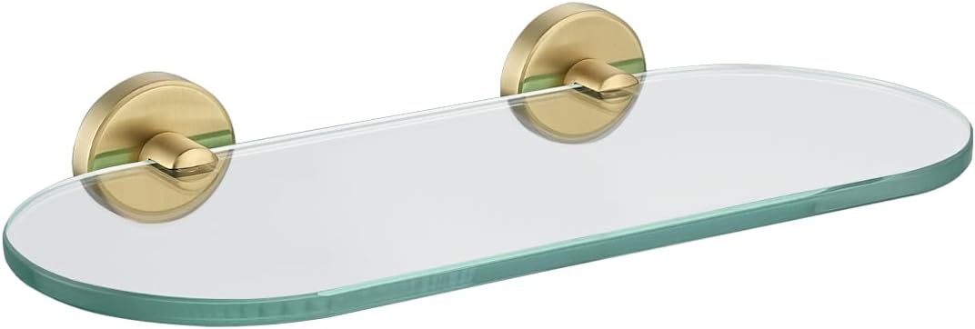 JQK Estante de vidrio para baño dorado, almacenamiento de ducha de vidrio templado de 12 x 5 pulgadas, montaje de pared dorado cepillado de acero