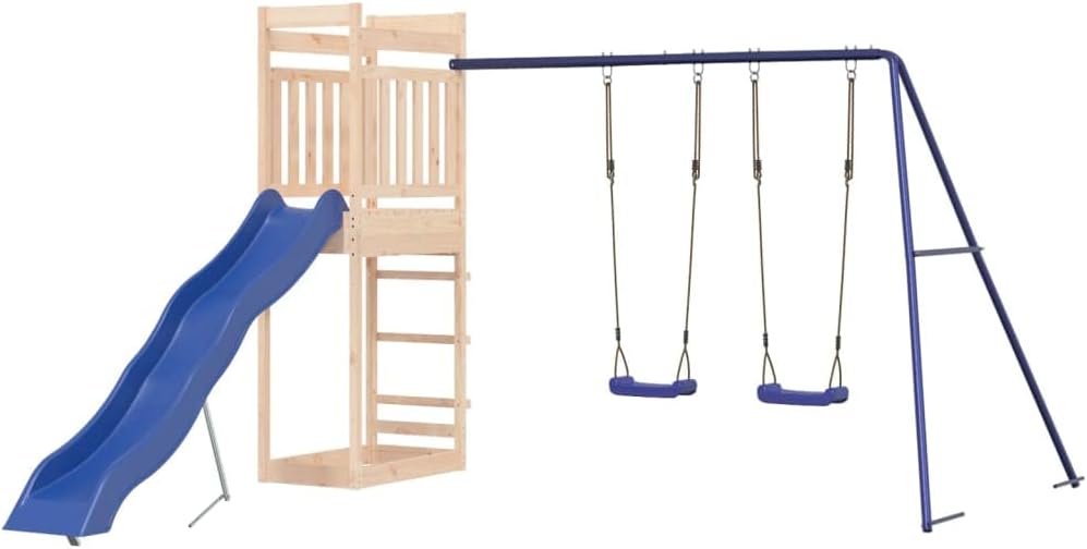 Loibinfen Juego de pino de madera maciza para exteriores, juego de jardín con 1 torre de juego, 1 juego de columpio doble, 1 tobogán ondulado,