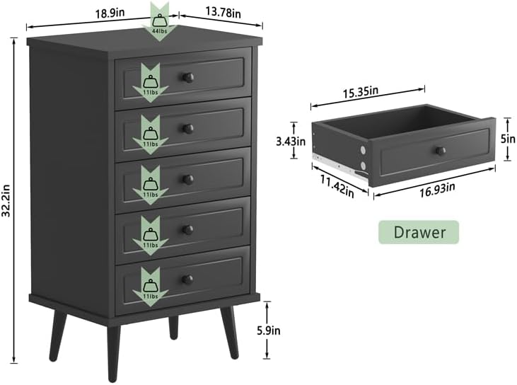 Function Home Cómoda con 5 cajones, cómoda de almacenamiento de madera con dispositivo anti-caída para baño, dormitorio, sala de estar y armario