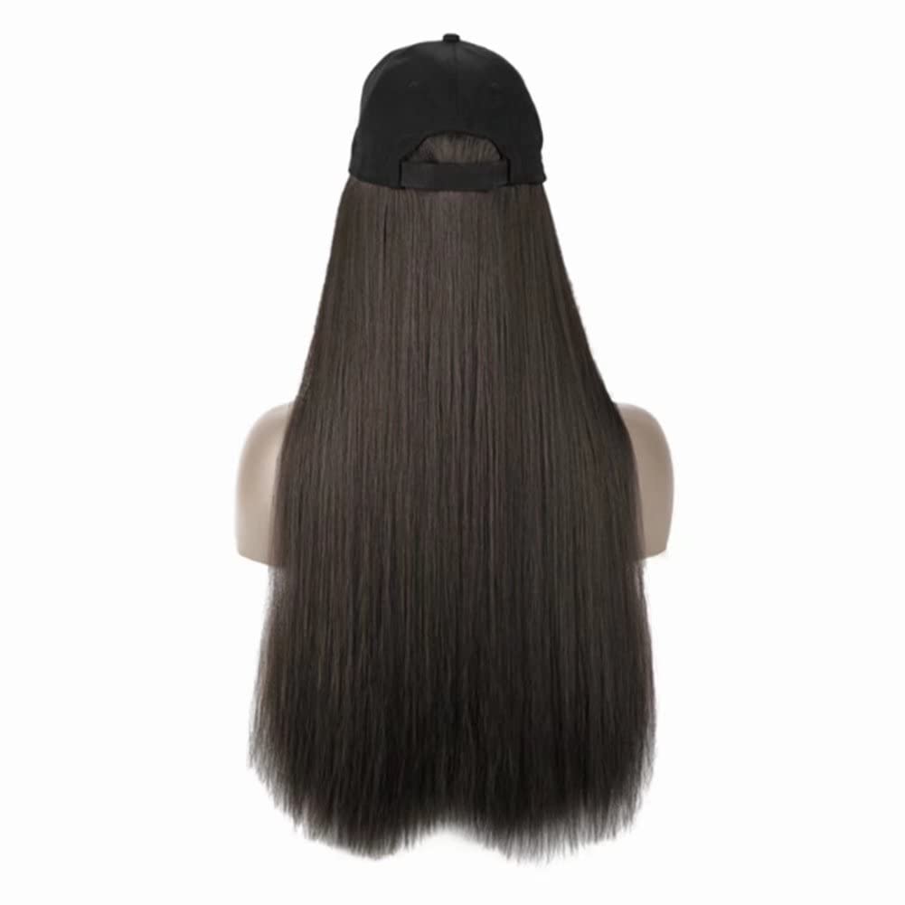 iLUU Peluca y gorro de béisbol con extensiones de cabello sintético con sombrero negro adjunto con 24 pulgadas, extensiones de cabello liso y liso