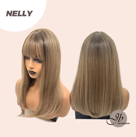 NELLY – Peluca de cabello lacio con flequillo completo, sin pegamento, para mujer, pelucas sintéticas naturales para uso diario (pelucas de cabello