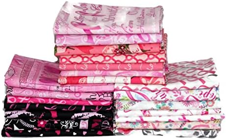 10 Fat Quarters – Cintas rosas para concientización sobre el cáncer de mama, sobrevivientes, corazones, calidad floral, telas de algodón, paquete