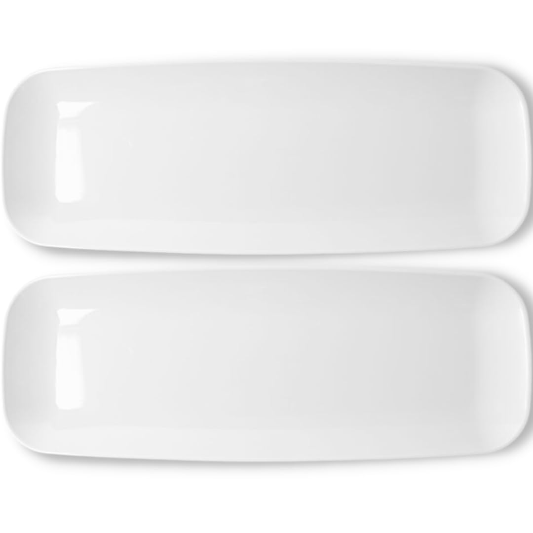Blue Sky Bandeja blanca orgánica rectangular (paquete de 2)  Plato de plástico desechable de 17.5 pulgadas para fiestas y eventos  Utensilios