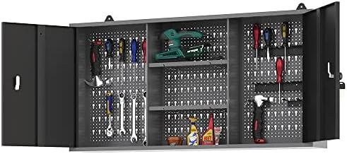 JZD Armario de almacenamiento de pared de metal con 2 puertas con cerradura, para oficina en casa, garaje, sótano, negro y gris, 47.2 x 7.9 x 23.6