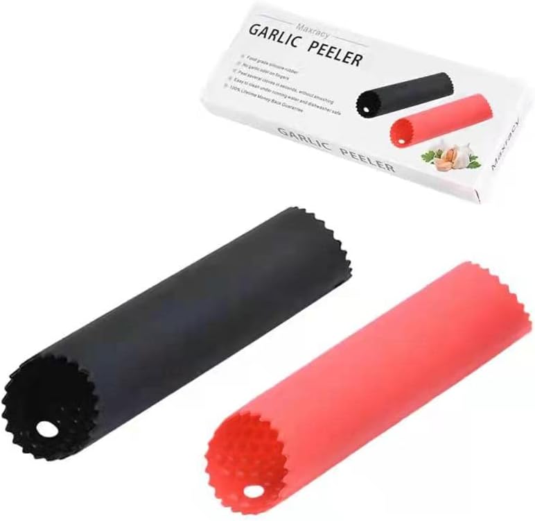 Maxracy – Juego de 2 peladores de silicona fácil de enrollar, útil herramienta de cocina sin olor a ajo (rojo, negro)