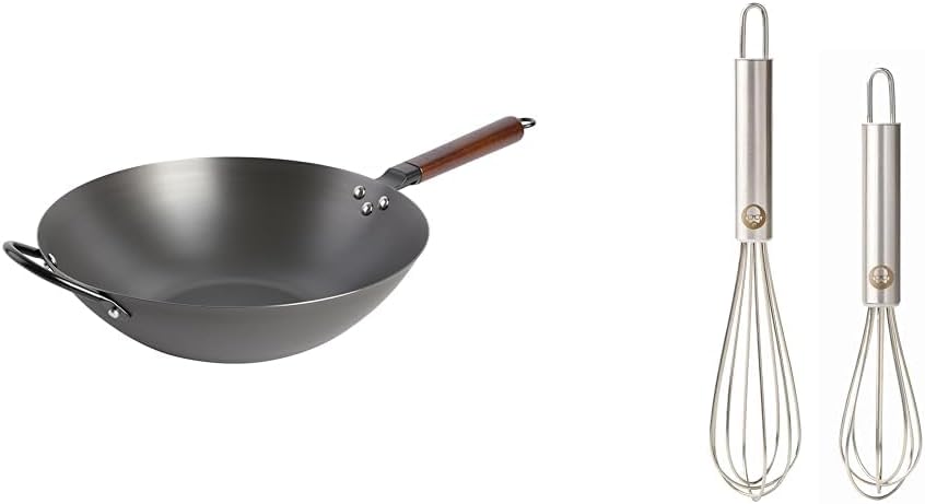 Babish Wok de fondo plano de acero al carbono y sartén para freír, juego de batidor pequeño de acero inoxidable de 14 pulgadas y 2 piezas