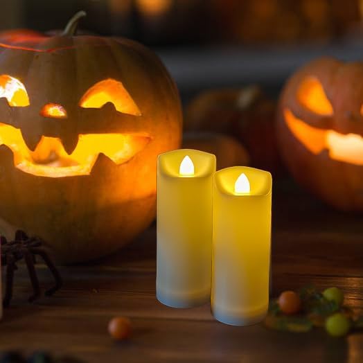 iZAN Paquete de 2 velas LED sin llama a pilas con control remoto para exteriores, impermeables, parpadeantes, luces decorativas para Halloween,
