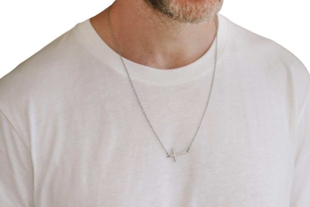 Sideways cross necklace for men, mens necklace waterproof cross pendant, silver chain groomsmen gift for him, christian catholic necklace