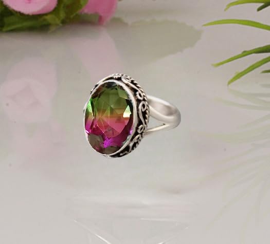 Watermelon Tourmaline Ring 925 Sterling Silver Ring Multicolor Rainbow Stone Elegant Ring Beautiful Oval Shape Tourmaline Jewelry Boho Handmade