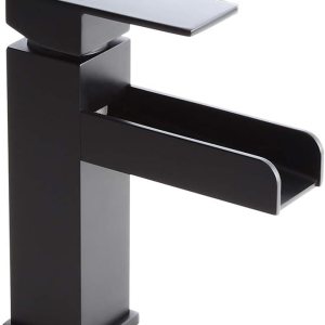 Homary Grifo de lavabo de baño de cascada negro mate contemporáneo de latón macizo con una sola manija, un agujero, montaje en cubierta, grifo de Homary Grifo de lavabo de baño de cascada negro mate contemporáneo de latón macizo con una sola manija, un agujero, montaje en cubierta, grifo de