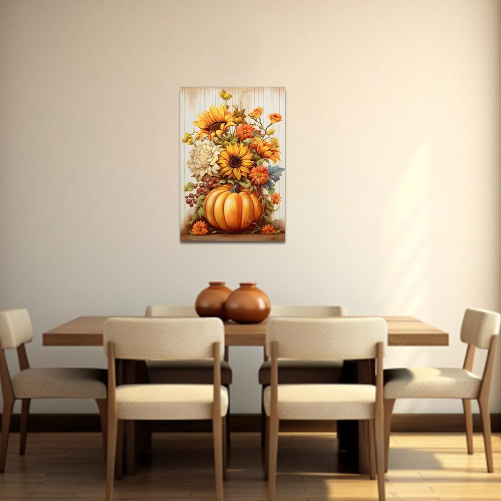 QIXIANG Lienzo decorativo de otoño para pared, diseño de calabaza y girasol, pintura del día de Acción de Gracias, lienzo de cosecha de otoño, marco