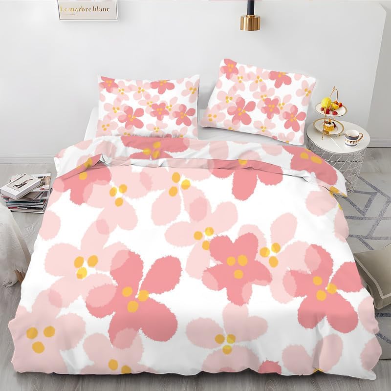 Juego de funda de edredón tamaño King con estampado floral de flores blancas, funda de edredón de microfibra suave y 2 fundas de almohada de 20 x 36