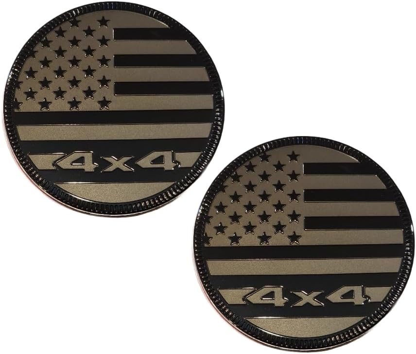 Muzzys Juego de dos emblemas de metal 4×4 3D de bandera estadounidense de 2.4 pulgadas, todo negro, redondo, para Jeep Wrangler Grand Cherokee