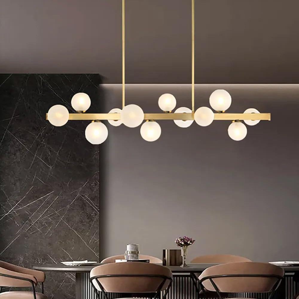 Lámpara de araña lineal moderna para isla de cocina con pantalla de vidrio blanco claro en oro (12 luces)