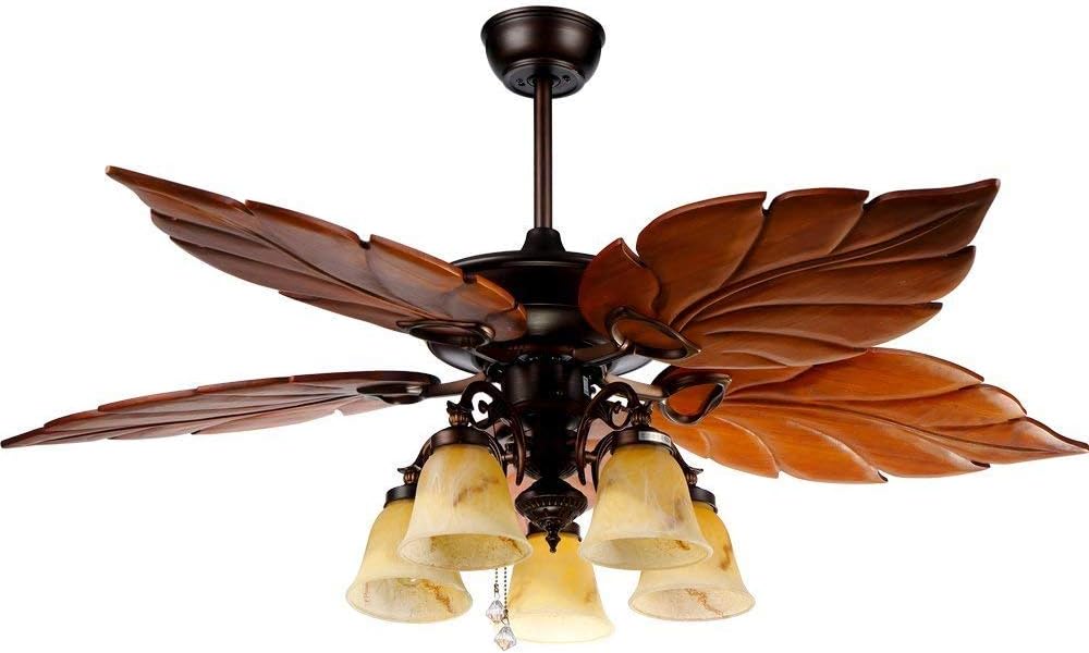 Ventilador de techo de palma de 52 pulgadas con luz y candelabro, 5 aspas de madera, acabado rústico de bronce nuevo. Ideal para el hogar,